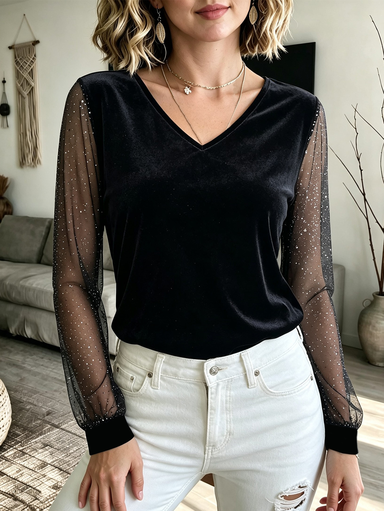 Women's Black Glitter Mesh Long Sleeve V Neck Tunic Top Sheer Sleeve Casual Blouse photo 4