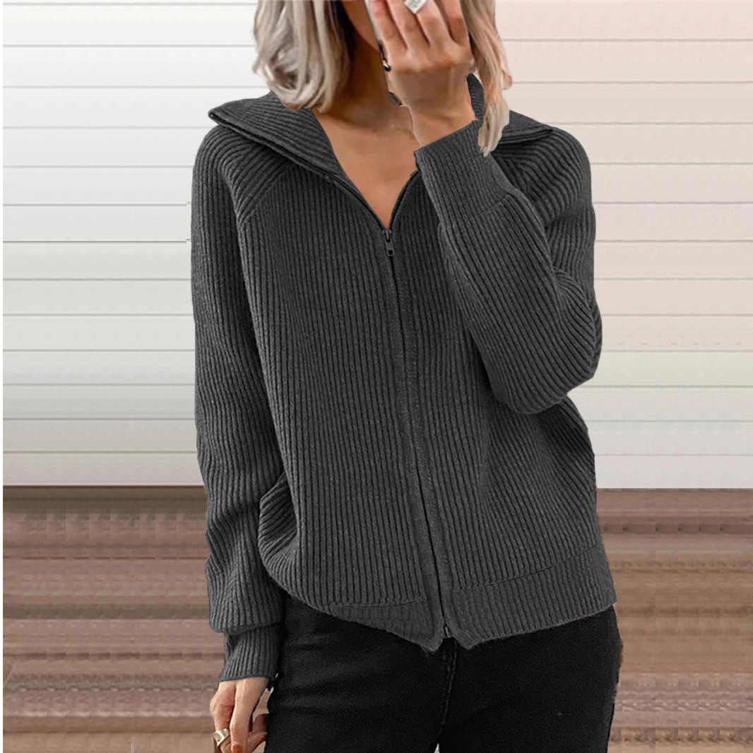 European And American Cross-border Fall And Winter New Style Striped Casual Jackets, Loose Knitted Tops With Zippers, Long-sleeved Lapel Sweaters For Women, Available In 6 Colors. photo 3