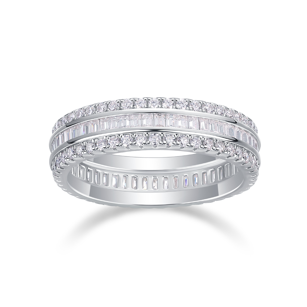 S925 Silver 2.8g Platinum Plated Moissanite Eternity Ring, 5.0mm Baguette & Round Cut Band, GRA Certified US 5-9 photo 7
