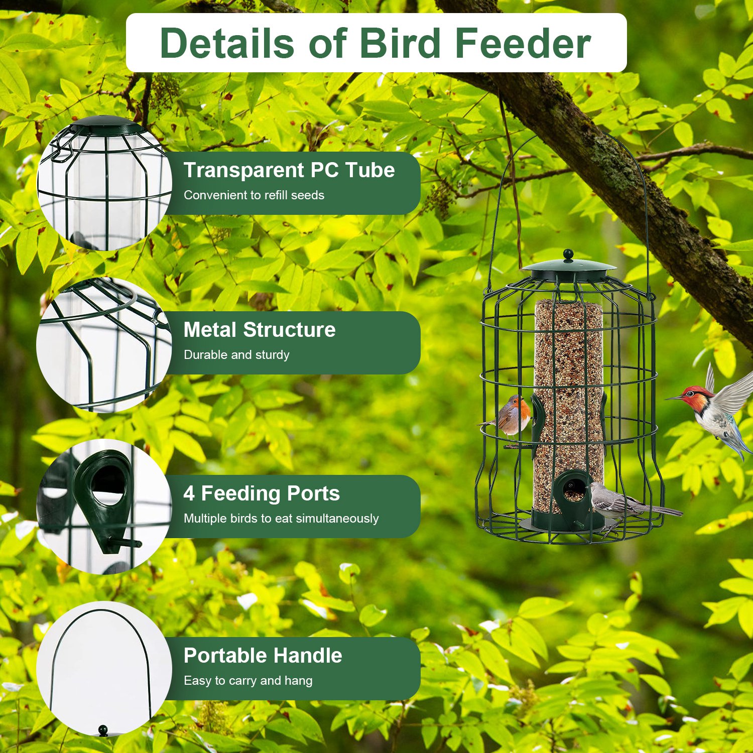 1Pc Outdoor Wild Bird Feeder Squirrel-Proof Chew-Proof Metal Hanging Seed Feeder With 4 Feeding Port For Small Songbirds photo 2
