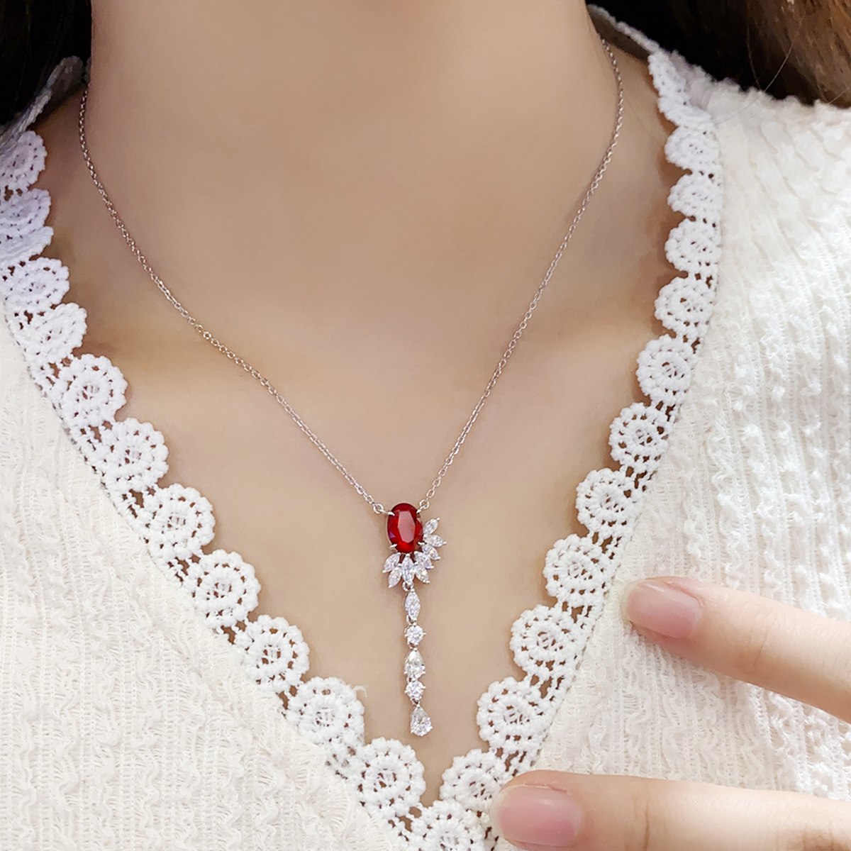 S925 Silver 4.3g Lab-Created Ruby Paraiba Lariat Necklace, 6.5x9mm, 40&5cm photo 2