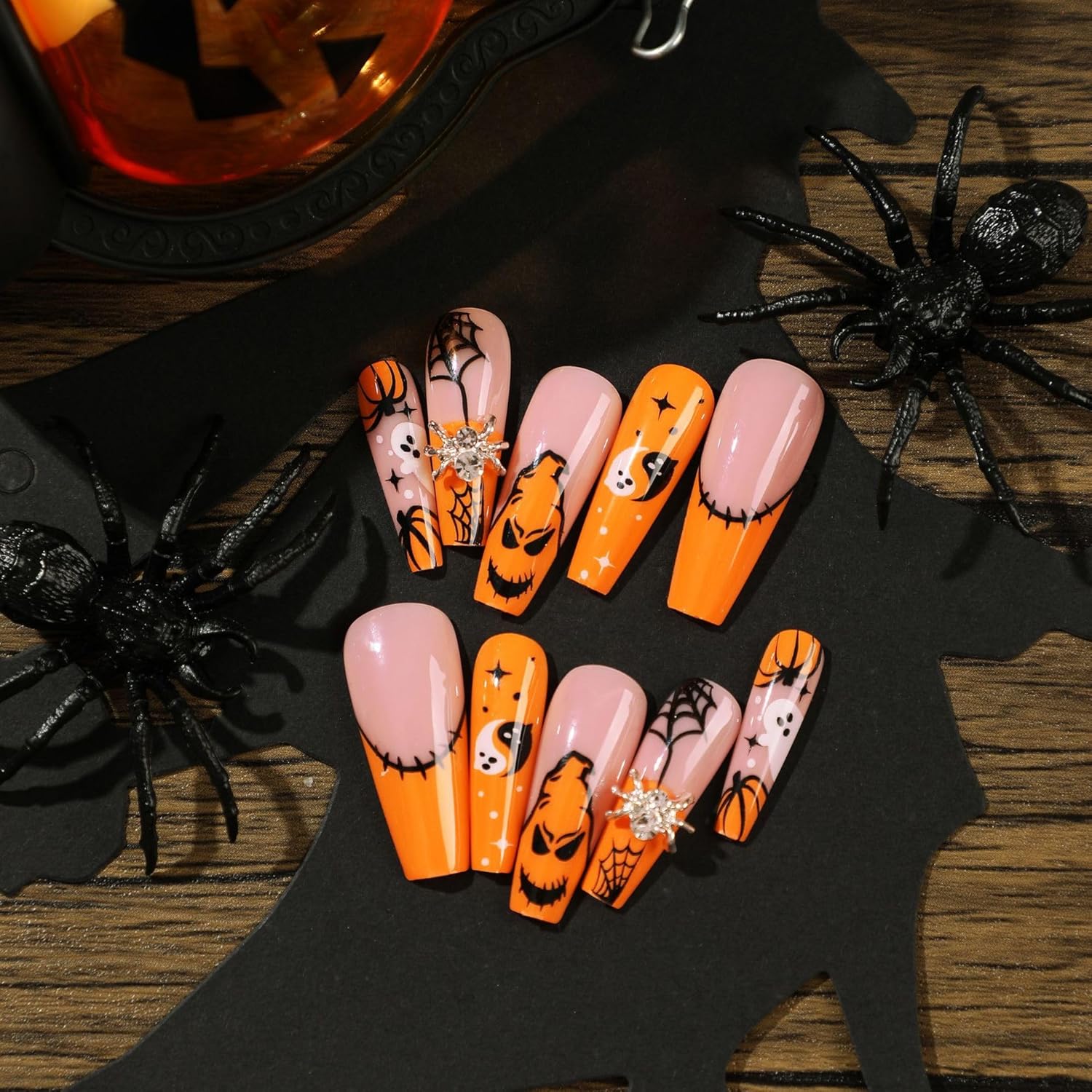 24Pcs Halloween Press On Nails, Medium Ballerina False Nails, Cute Pumpkin Ghost Spider Bat Pattern Acrylic Fake Nails, Reusable Full Cover Stick On Nails For Halloween Party Home DIY Manicure photo 1