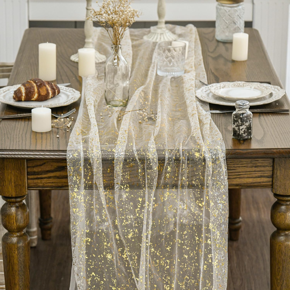 Gold Gauze Table Runner 120 Inch 10FT, Glitter Metallic Foil Sheer Dining Wedding Anniversary Holiday Birthday Table Decor For Home Party photo 2