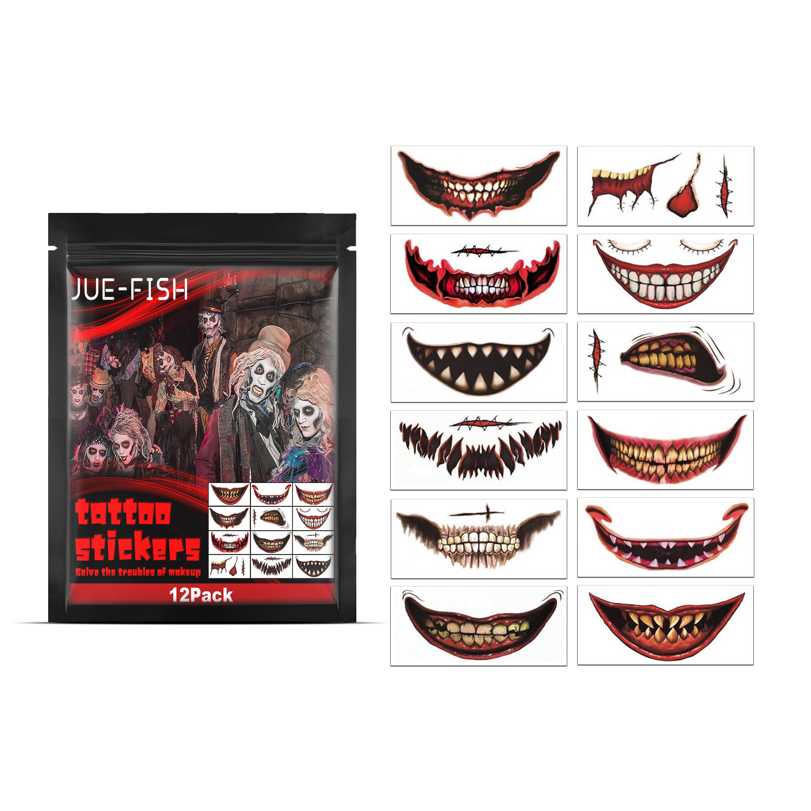 Halloween Mouth Temporary Tattoos, Scary Clown Mouth Face Tattoo Stickers For Halloween Party Cosplay Makeup, 12 Pack photo 1