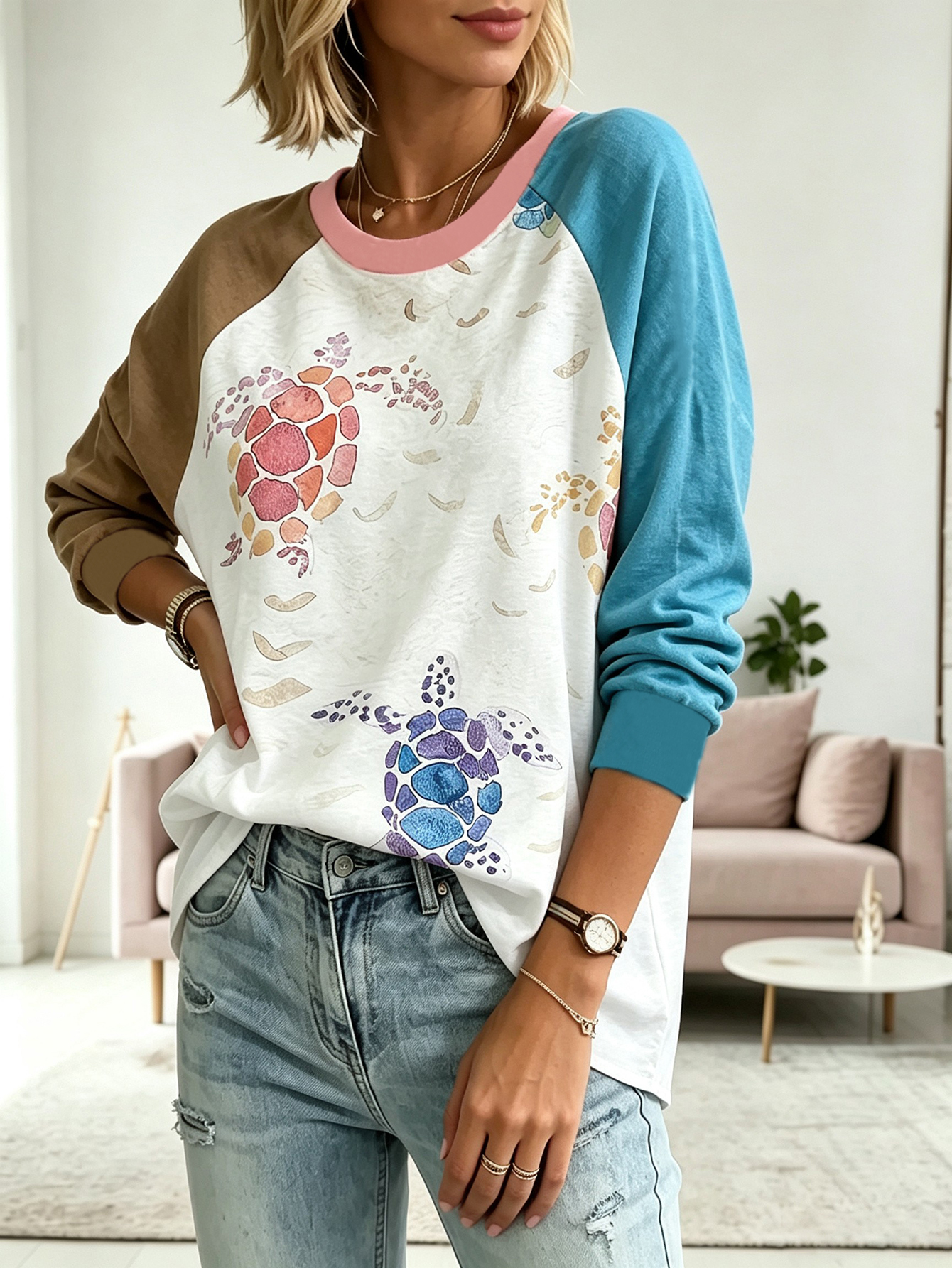 Women's Sea Turtle Print Raglan Sweatshirt Long Sleeve Casual Pullover Top photo 1