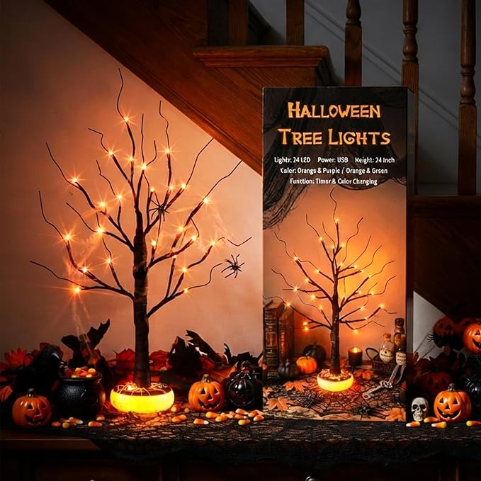2FT Lighted Spooky Black Halloween Tree With Timer For Indoor Tabletop Party Decorations photo 4