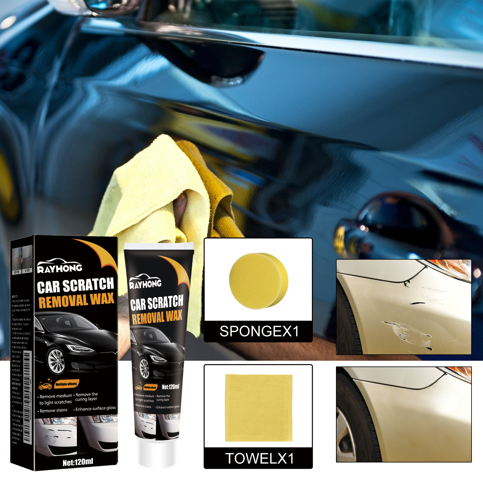 Car Scratch Wax Kit 120ml Bottle-1 Cloth-1 Sponge 1Box photo 6