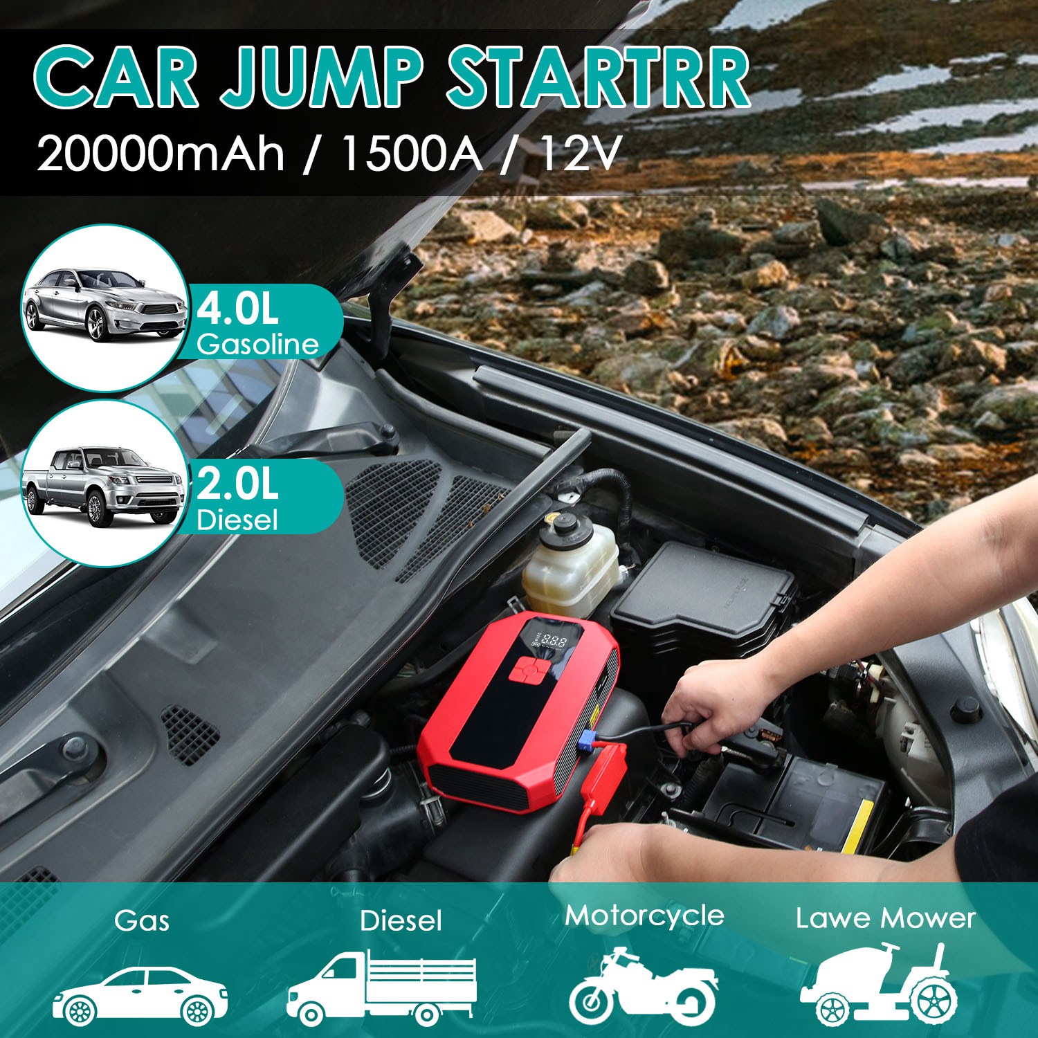 1Pc Portable Car Jump Starter Air Compressor 1500A 400PSI Car Battery Charger Jump Starter Power Bank LED Flashlight Digital Tire Inflator For 4.0L Gasoline Or 2.0L Diesel Engine photo 5