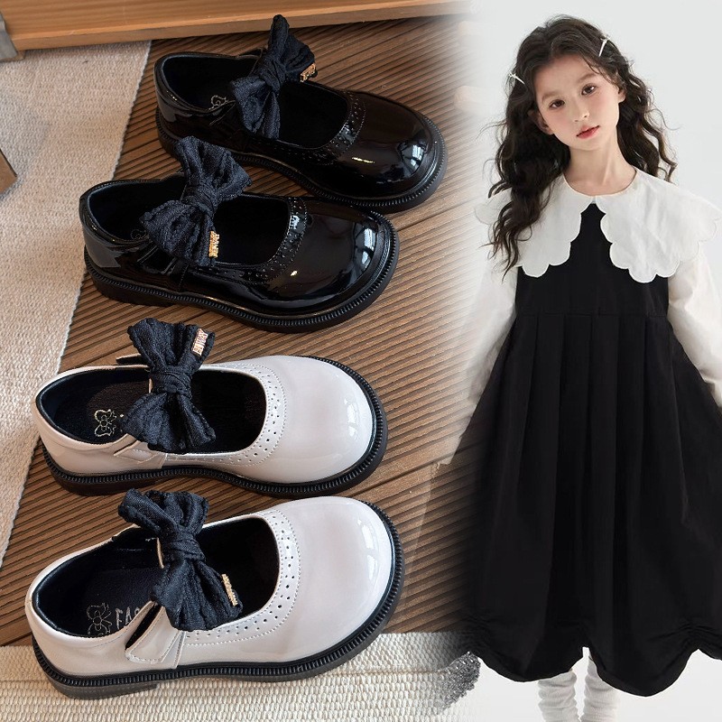 2026 Spring New Kids Leather Shoes, Stylish Black Bow Princess Mary Jane Flat Shoes For Girls photo 1