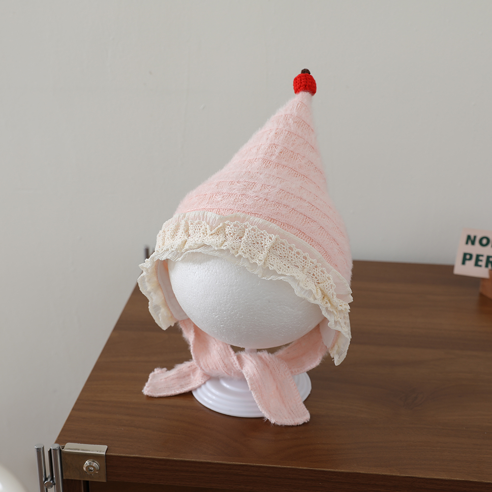 Sweet Style Baby Plush Pointed Hat With Baby Lace Trim And Drawstring Ear Protectors, Outdoor Warm Knitted Hat photo 4