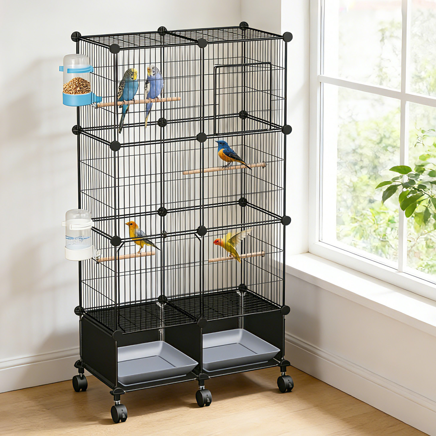1Pc  46in Bird Cage Spacious Indoor Pet Bird House With 4 Wooden Perches 2 Slide-Out Tray 2 Water Bottle Feeder Lockable Wheels For Parrot Parakeets Cockatiel Lovebird Small Mid-Sized Birds photo 4