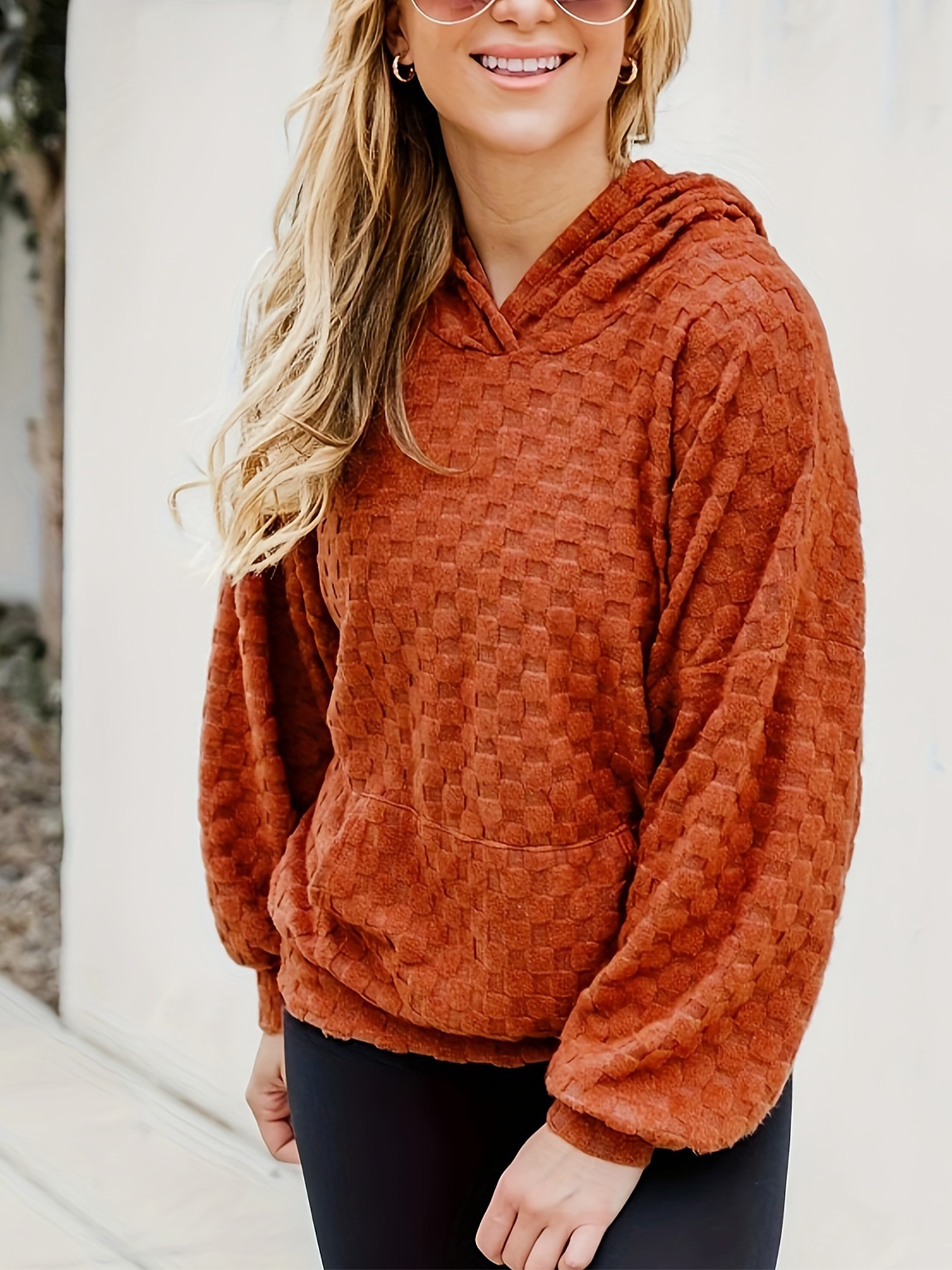 Women Waffle Textured Hoodie Long Sleeve Lantern Sleeve Pullover Sweatshirt With Front Kangaroo Pocket Casual Top photo 1