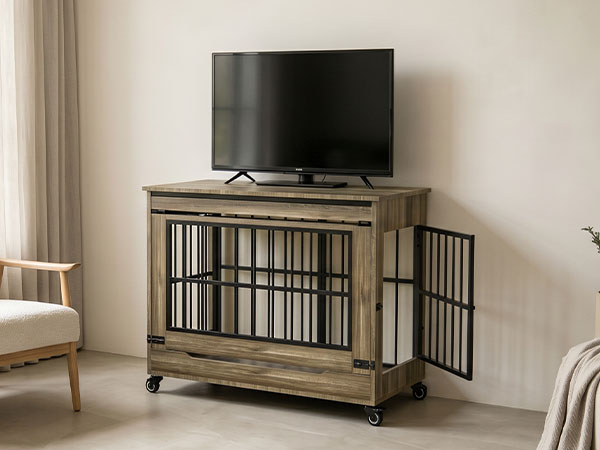 32in  Dog Crate Furniture, Double Door Wooden Indoor Dog Kennel Furniture, Decorative Pet Cage End Table With Wheels For Medium And Small Breed Dogs, Size M, Greige photo 3