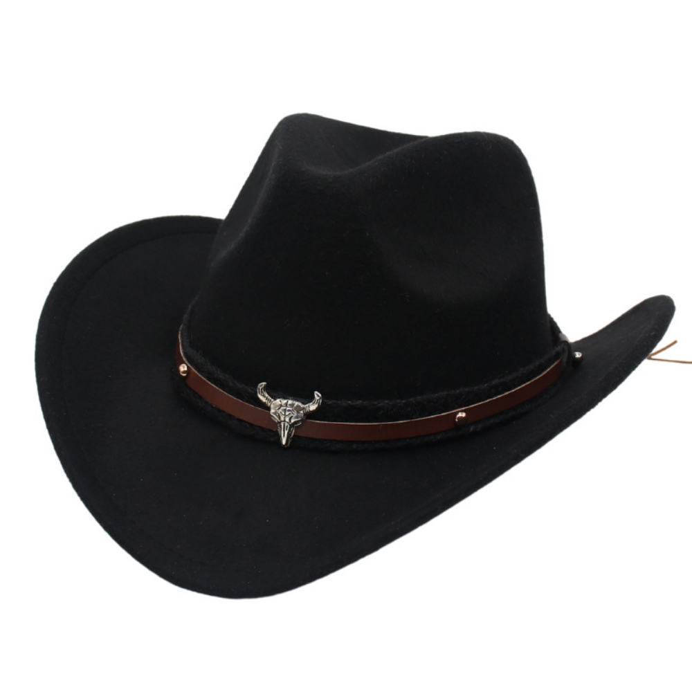 Retro American Western Cowboy Hat - Silver Bull Head Wide Brim Felt Hat  Knitted Headband, Suitable For Outdoor Riding, Traveling And Photography photo 1