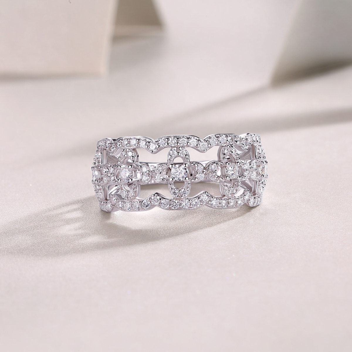 S925 Silver 3.3g Platinum Plated Moissanite Ring, 10mm Vintage Floral Filigree Band, GRA Certified US 5-9 photo 4