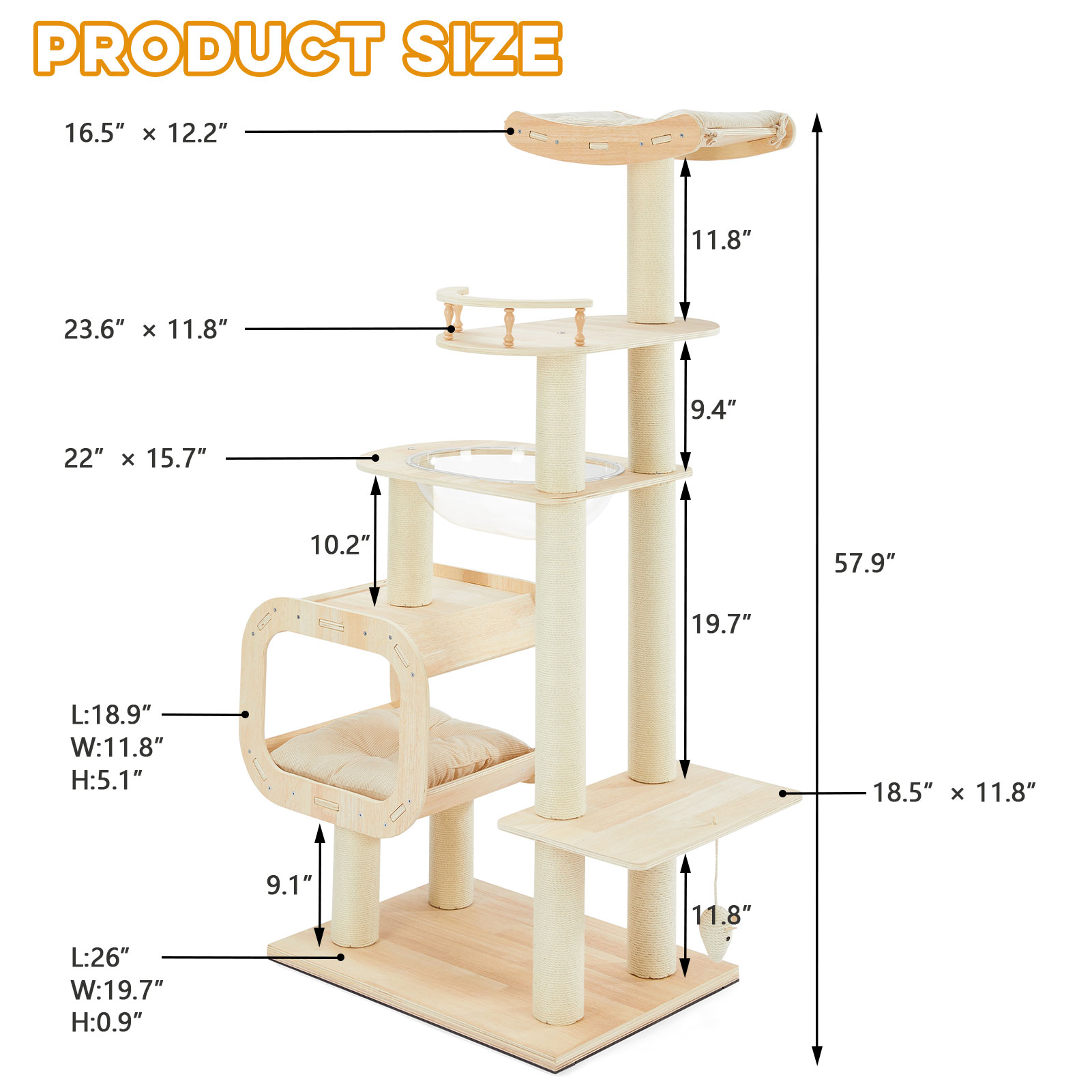 Modern Heavy-Duty No-Drill Cat Tree-Solid Wood Multi-Story Board, 4-Story Multi-Column Cat Tower, 57.9in For Multi-Cat Households, Open Condo, Space Capsule & Perch, Natural Wood Indoor Pet Furniture photo 5