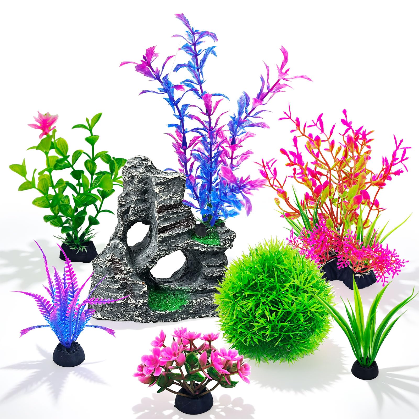 8Pcs Aquarium Decor Set, Artificial Plastic Plants And Rock Cave For Fish Tank Decorations, Goldfish Betta Fish Tank Accessories Supplies Realistic Small Large Fish Bowl Ornaments photo 1