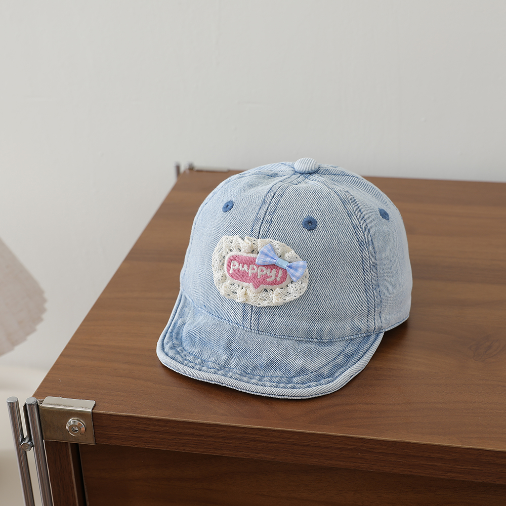 Sweet Style Patchwork Lettered Lace Edging Denim Kids Baseball Cap Washed And Antique Soft Brim Bow Tie Hat photo 2