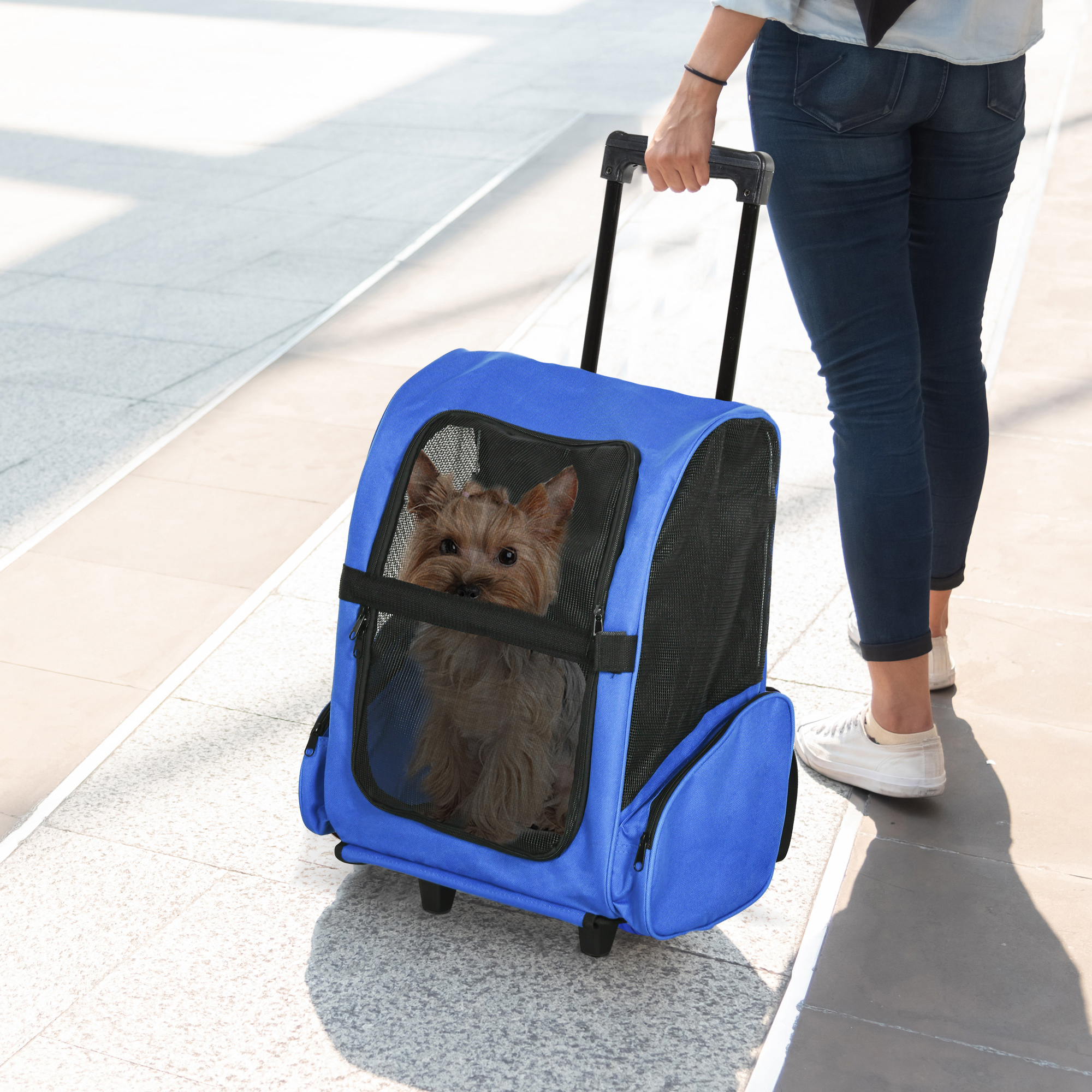 2 In 1 Pet Carrier Trolley And Backpack With Extendable Handle And Wheels Lightweight Oxford Travel Bag For Dogs Cats photo 6
