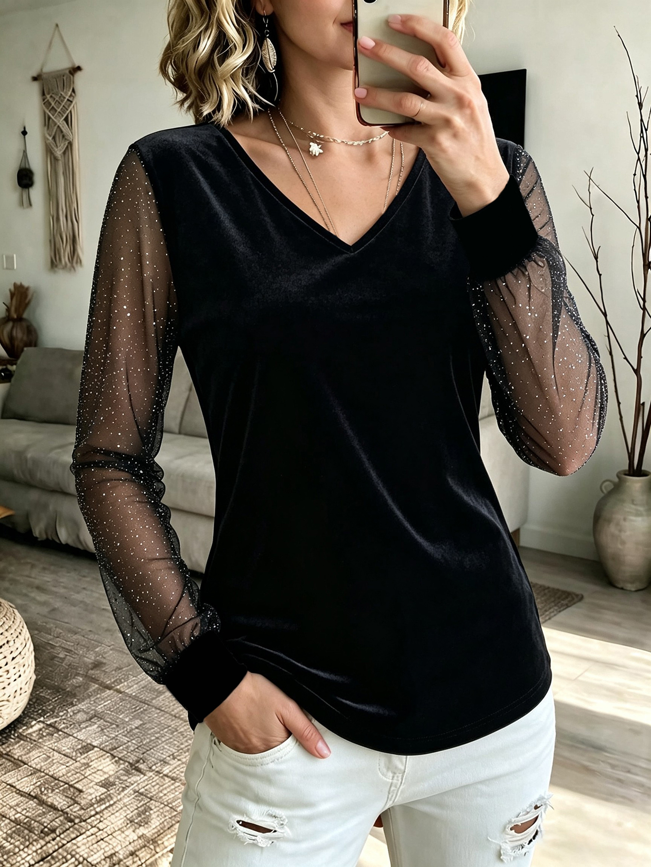 Women's Black Glitter Mesh Long Sleeve V Neck Tunic Top Sheer Sleeve Casual Blouse photo 1