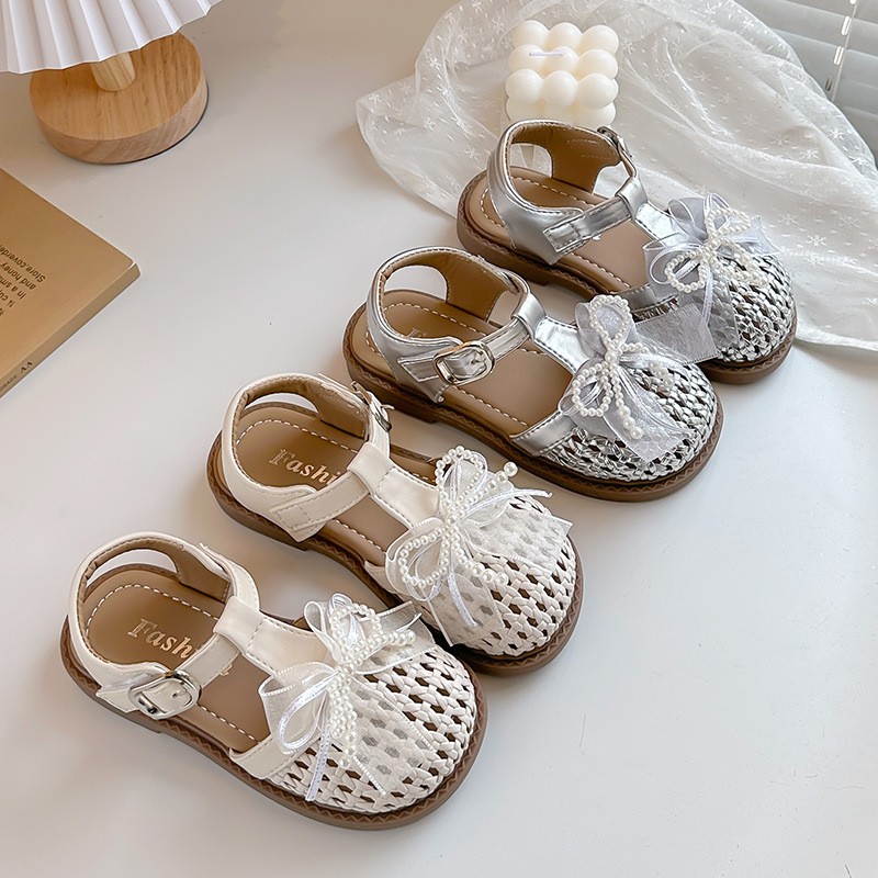 2026 Summer Girls Princess Sandals, Hollow Out Woven Bow Pearl Soft Sole Breathable Baby Beach Princess Shoes photo 4