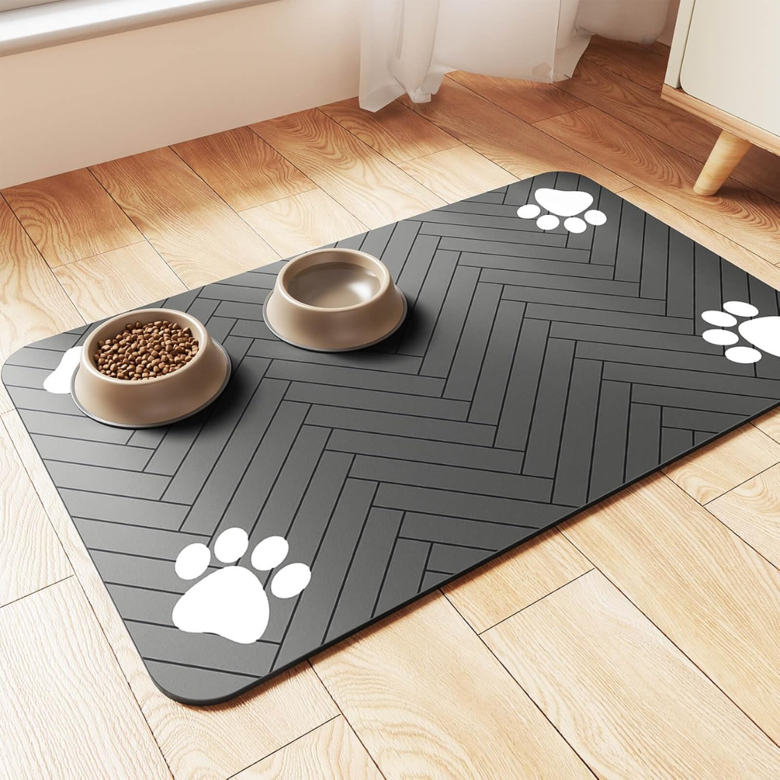Absorbent Pet Feeding Mat 20x12 Inch, Waterproof Rubber Backing, Dark Gray Striped photo 1