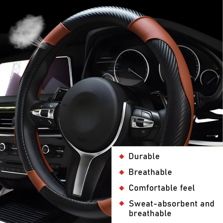 Car Steering Wheel Cover, 15 Inch Leather Breathable Auto Steering Wheel Protector, Comfortable Non-Slip Vehicle Steering Wheel Covers, Universal Car Accessories Coffee, With Lining photo 3