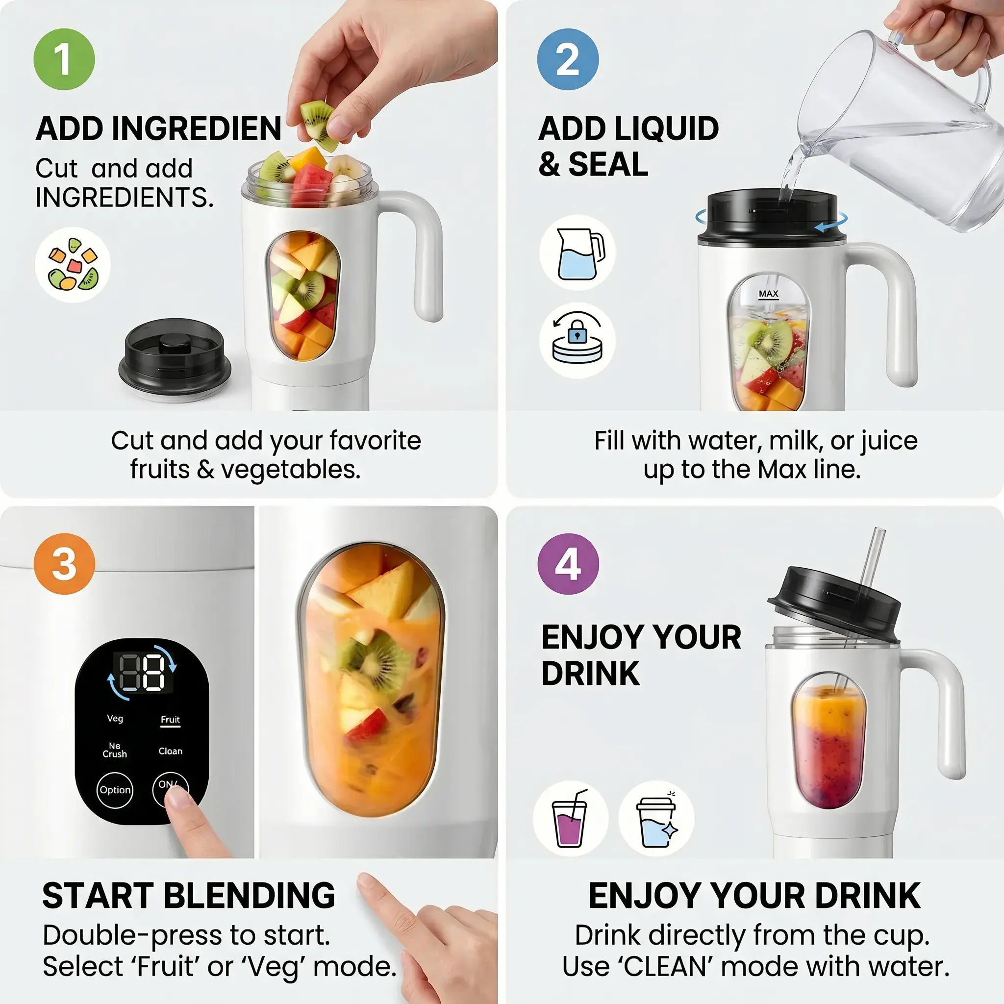 Cordless Portable Blender For Shakes & Smoothies, Personal Juicer Cup,  BPA-Free Bottle With LED Display, Self-Cleaning Ice Crusher photo 3