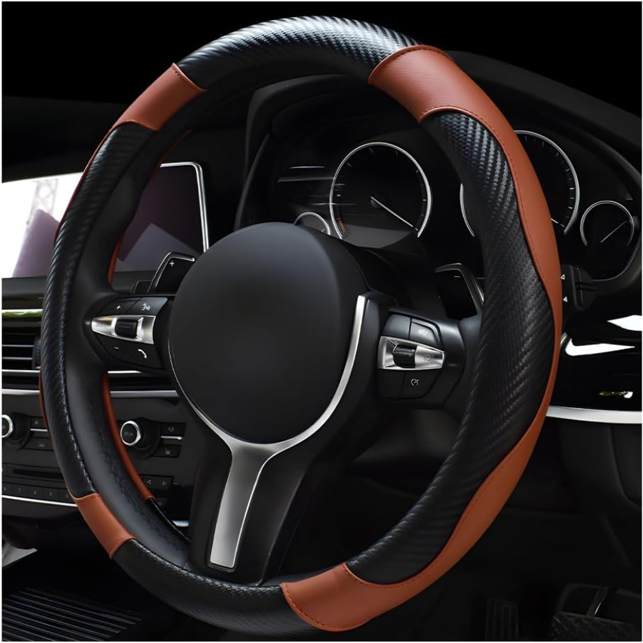 Car Steering Wheel Cover, 15 Inch Leather Breathable Auto Steering Wheel Protector, Comfortable Non-Slip Vehicle Steering Wheel Covers, Universal Car Accessories Coffee, With Lining photo 1
