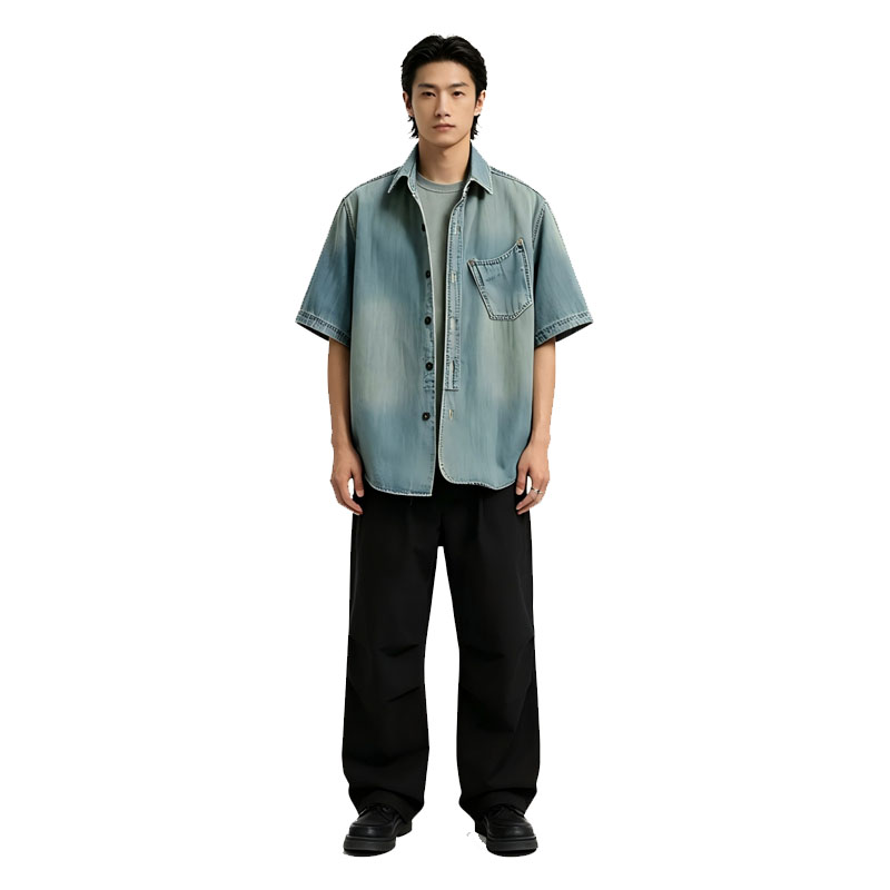 US Local Stock Men's Short Sleeve Denim Shirt Light Wash Relaxed Fit Casual Jean Overshirt photo 1