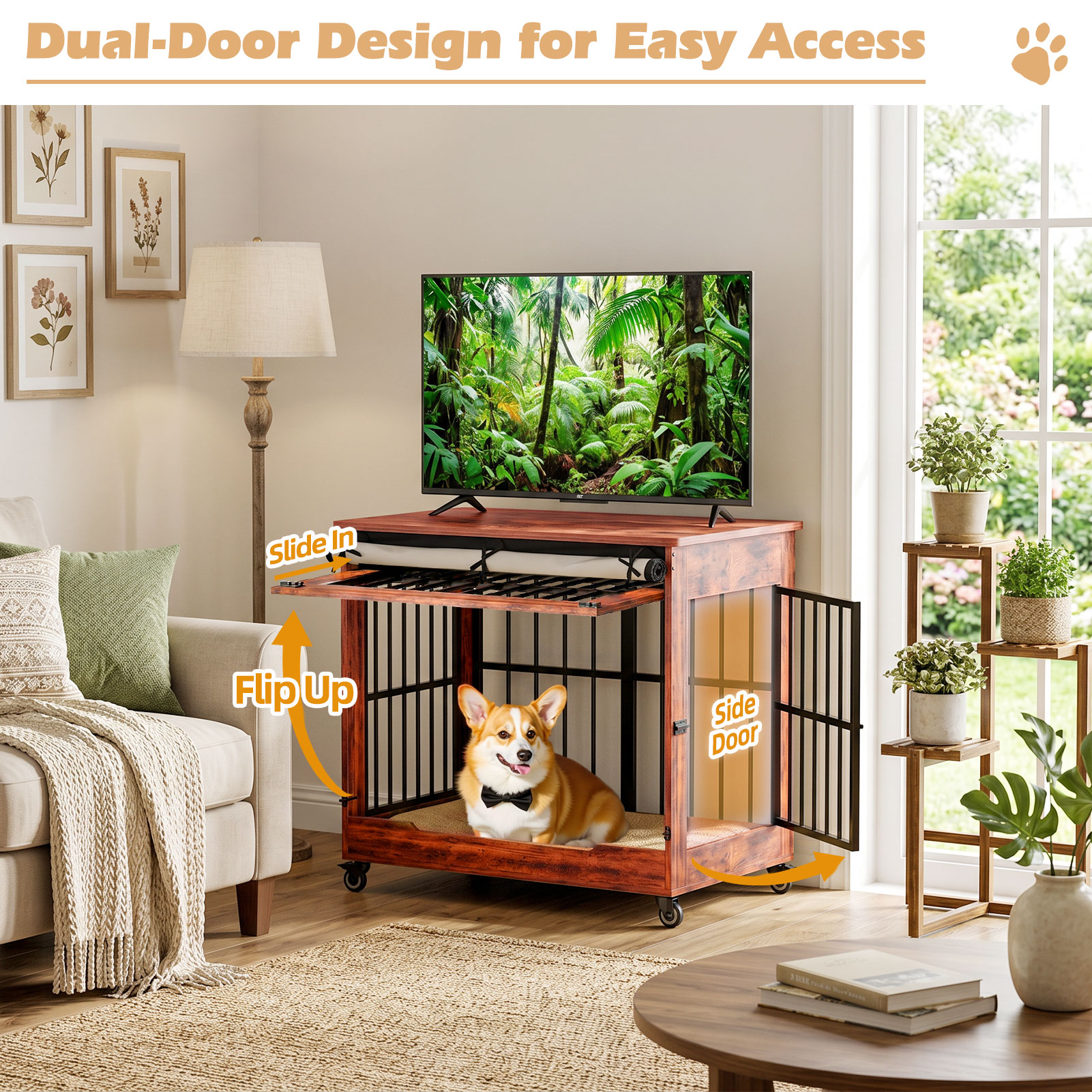 32in  Dog Crate Furniture, Double Door Wooden Indoor Dog Kennel Furniture, Decorative Pet Cage End Table With Wheels For Medium And Small Breed Dogs, Size M, Greige photo 8