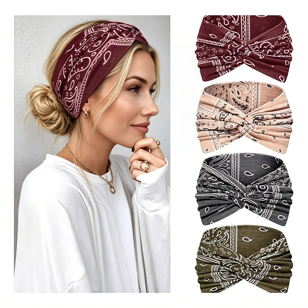4 Pack Boho Paisley Wide Headbands For Women, Vintage Knotted Elastic Non Slip Sweat Head Wraps, Soft Stretchy Hair Bands For Yoga Sports Running Daily Hair Accessories photo 1