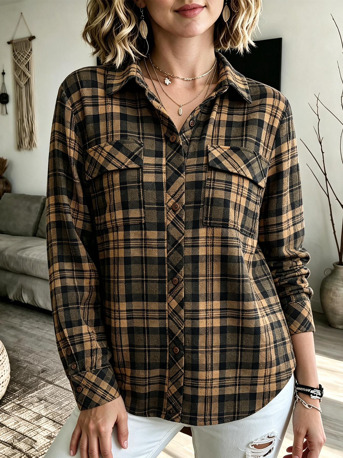 Women Plaid Flannel Shirt Jacket Long Sleeve Lapel Button Down Shackets With Chest Pockets For Fall photo 5