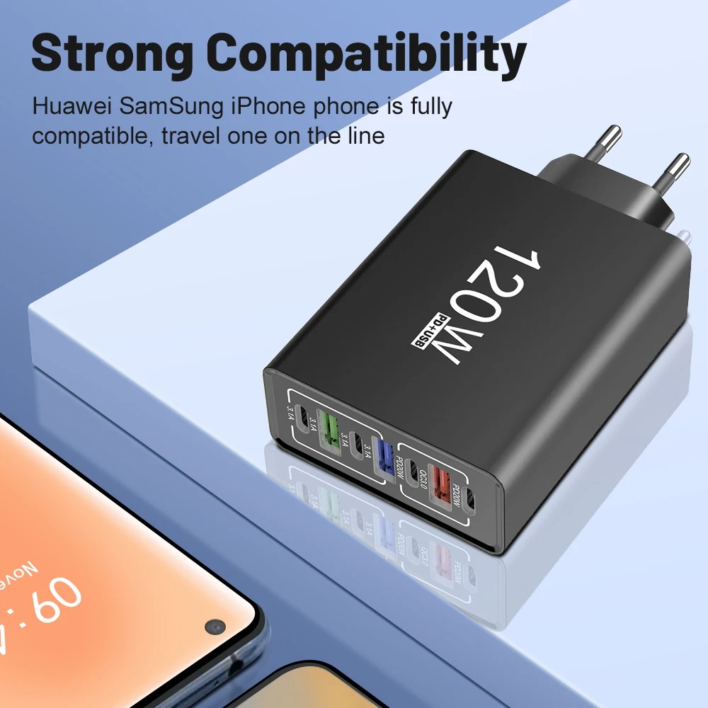USB-C Charger, 120W Total Power, Multi-port Fast Charging, Type-C Interface, Compatible With IPhone, Samsung, Huawei, And Other Mobile Phones, European Standard Plug, Wall Charger. photo 4