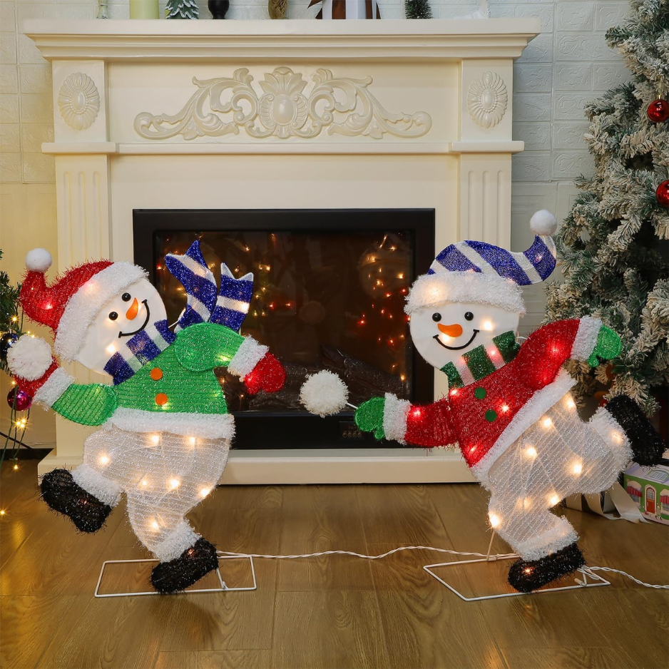 Set Of 2 Lighted Snowmen Christmas Decorations, Pre Lit 2D Tinsel Cute Snowman Snowball Fight With Lights, Light Up Plug In For Indoor Outdoor Xmas Winter Holiday Yard Lawn Garden Decor photo 6