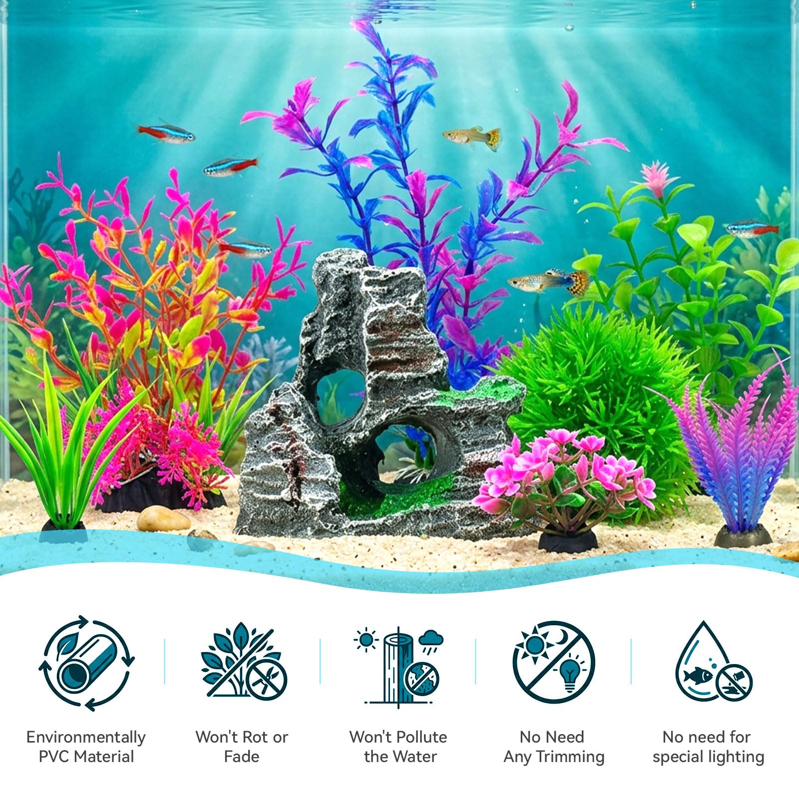 8Pcs Aquarium Decor Set, Artificial Plastic Plants And Rock Cave For Fish Tank Decorations, Goldfish Betta Fish Tank Accessories Supplies Realistic Small Large Fish Bowl Ornaments photo 2