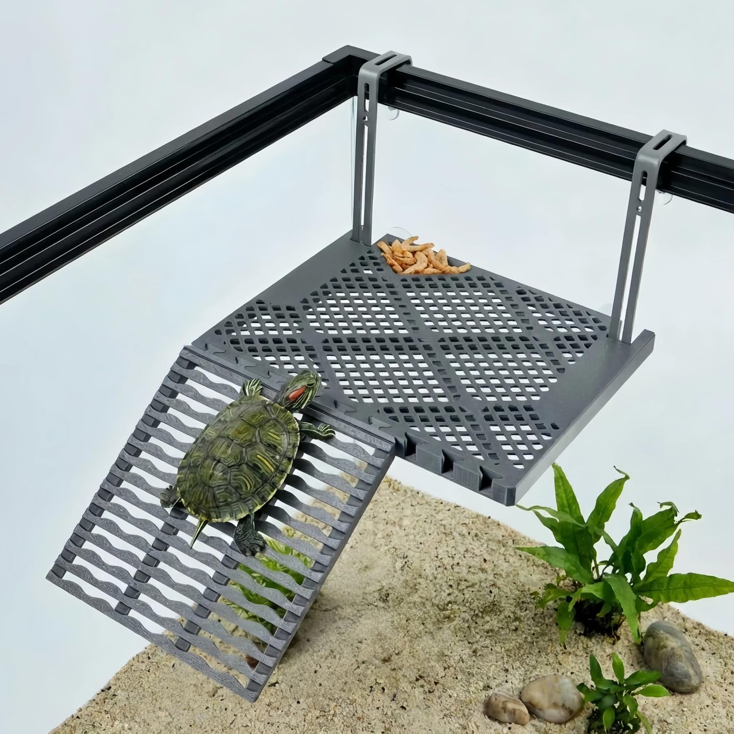 Hanging Turtle Basking Platform With Built-in Food Tray, Zero Zip-Tied, Non-Slip Ramp Terrace, Resting Turtles Dock, For 25-75 Gallon Aquariums Frog Turtle Turtle Tank Accessories photo 1