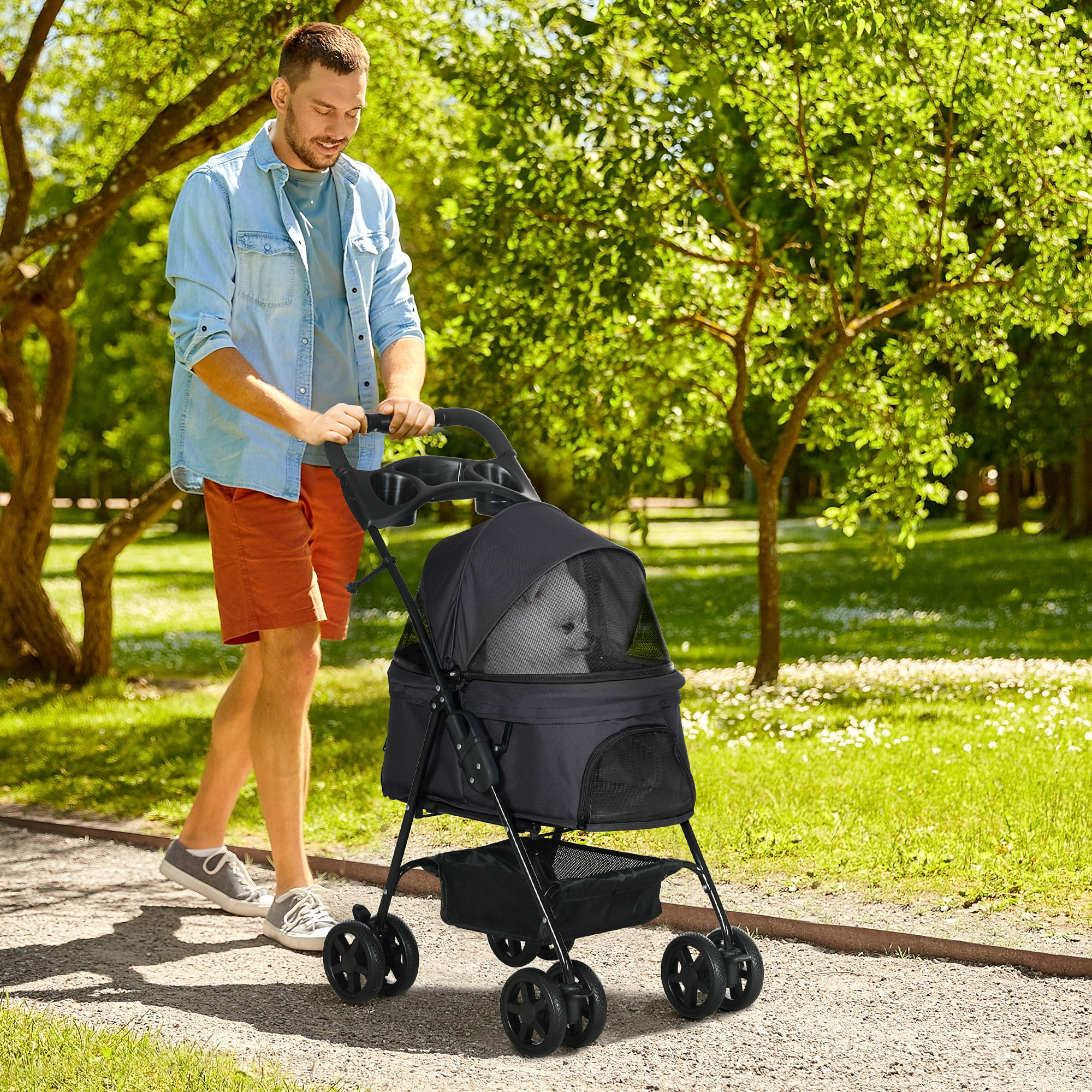 PawHut Dog Pram Dog Stroller Foldable Pet Pushchair With 4 Wheels, Safety Leashes, Cup Holder For Small Dogs, Black photo 7