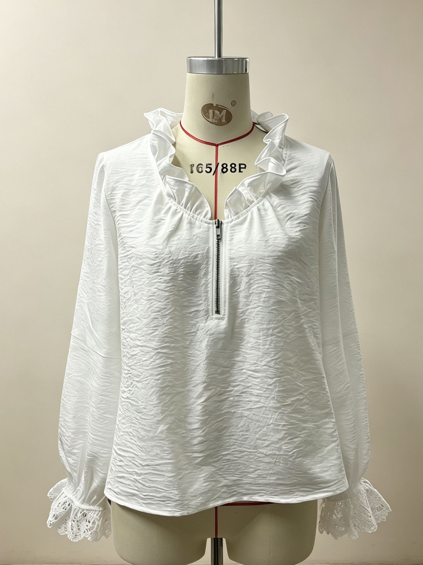 Cross-border European And American Women's Casual Top, V-neck Half-zip Lace Splicing Lantern Long-sleeve Loose Shirt, New Style photo 5