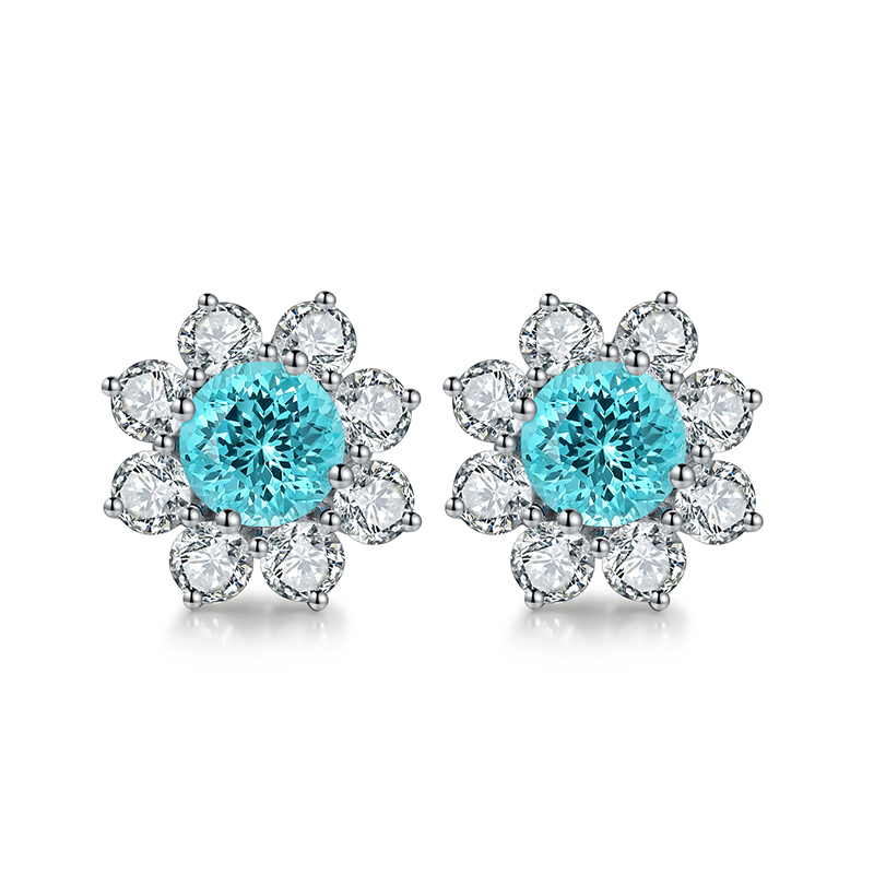 S925 Silver 4.1g Flower Lab-Created Gemstone Earrings, 6.5mm Ruby Sapphire Paraiba Spinel photo 2