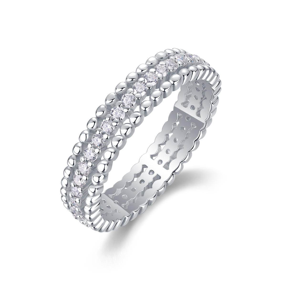 S925 Silver 2.4g Platinum Plated Moissanite Ring, 4.3mm Beaded & Pave Band, D VVS1 GRA US 5-9 photo 1