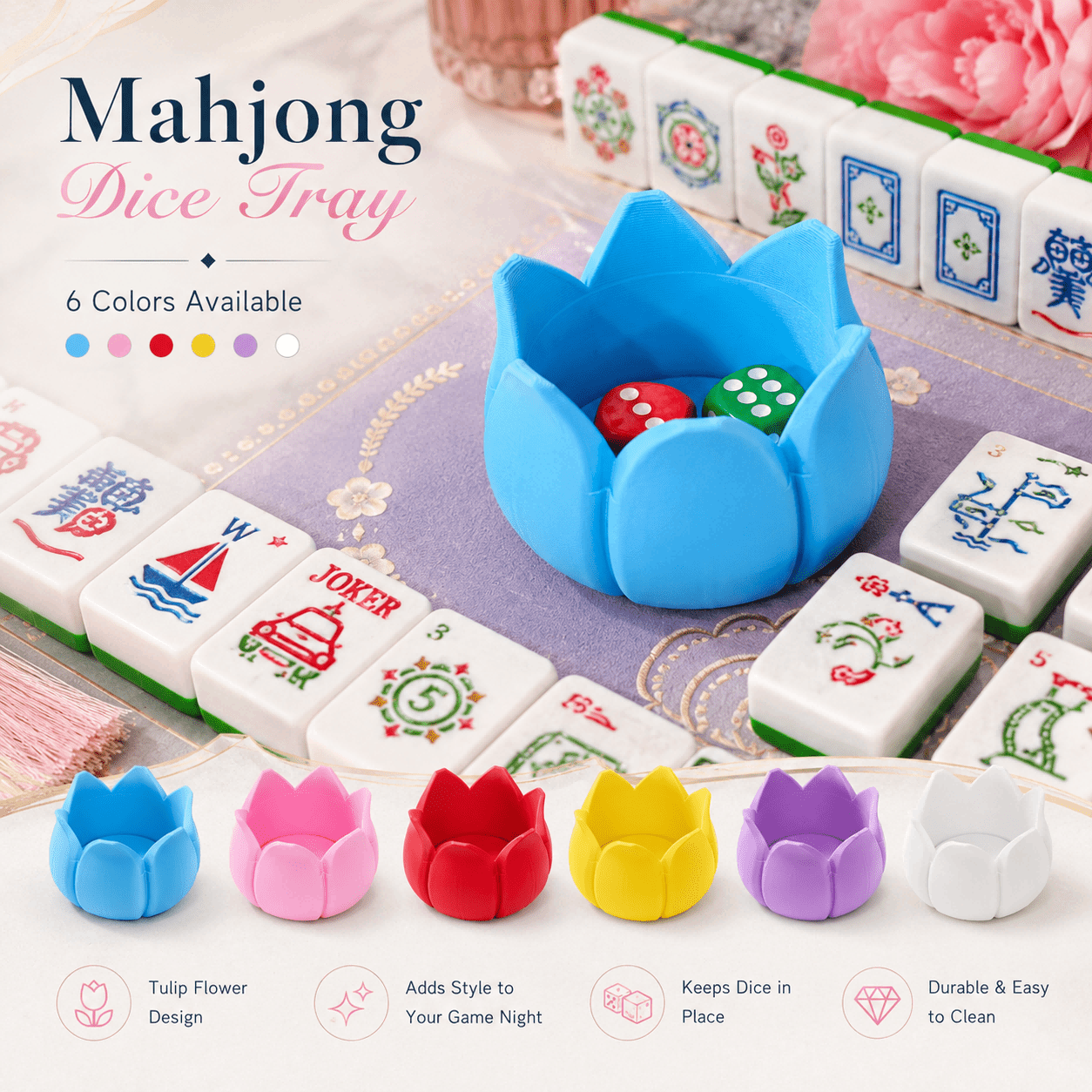 Tulip Flower Mahjong Dice Tray, 3D Printed Dice Holder For Mahjong Game Night, Decorative Table Accessory, Colorful Game Room Decor photo 1
