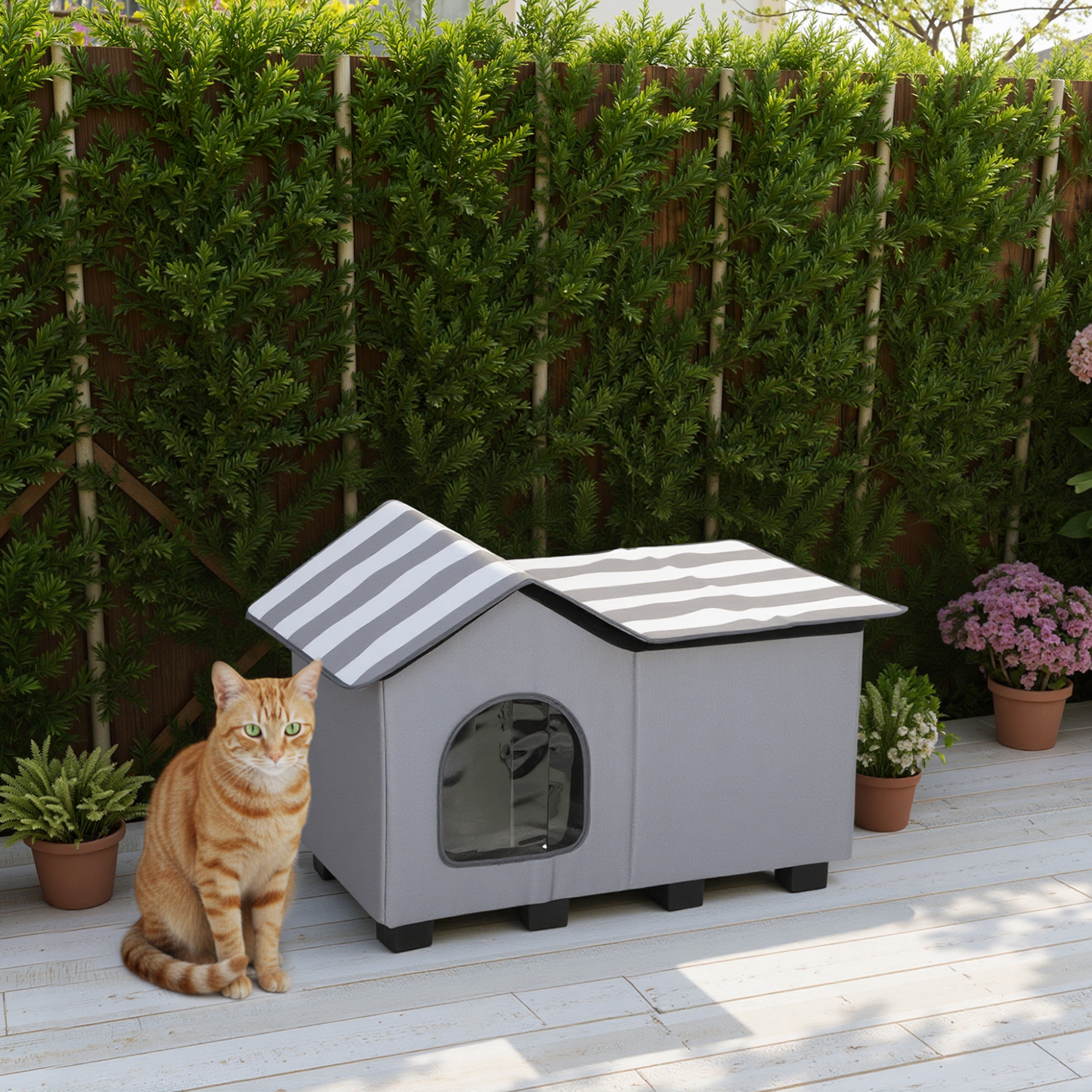 Outdoor Cat House, Weather Resistant Feral Cat Cave With Elevated Base And Cushion For Winter, Grey photo 5