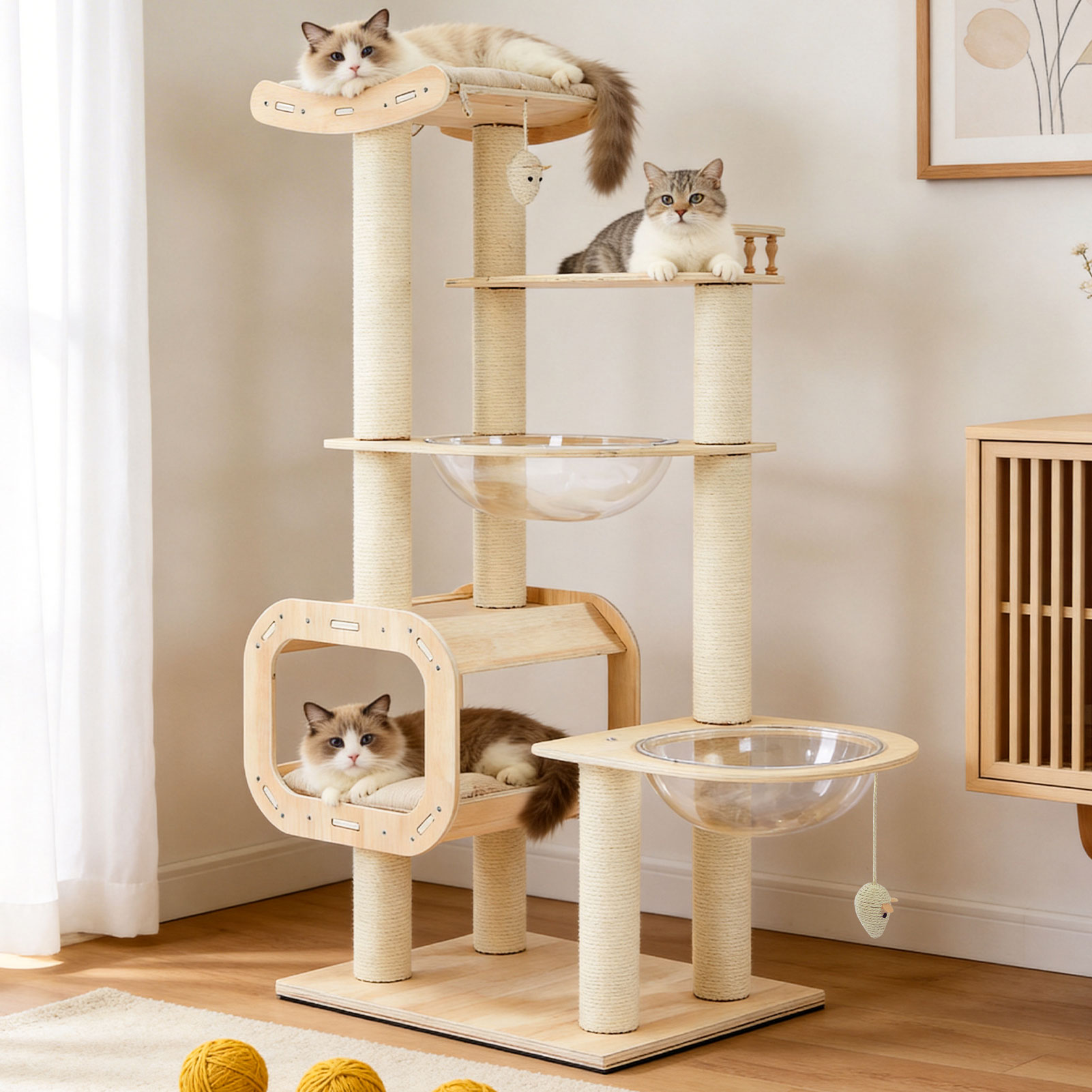 Heavy-Duty No-Drill 4-Story Cat Tree-Solid Wood Multi-Story Boards, Multi-Column Design, 55.9in Cat Tower With Open Condo, Double Space Capsules & Perch, Indoor Cat Furniture For Multi-Cat Families photo 1