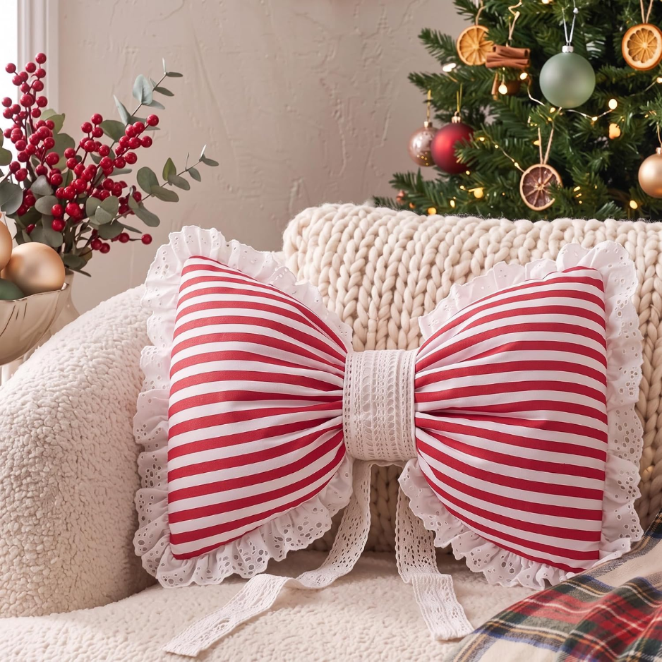 Christmas Bow Throw Pillow Cover, Red & White Striped Decorative Cushion With Lace Ruffle Trim, Festive Holiday Home Decor For Sofa & Bed photo 1