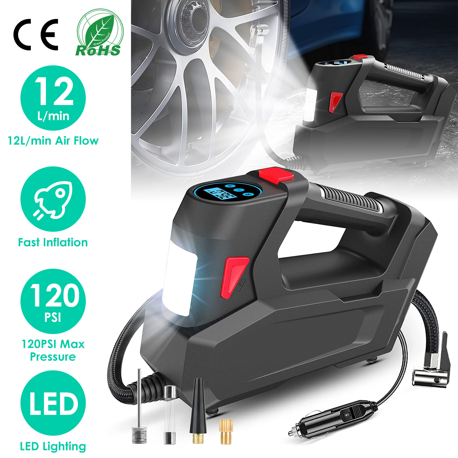 1Pc Portable Tire Inflator 120 PSI Maximum 90W Powered Tire Inflator With Digital Display LED Light Inflatable Nozzle Needle Fuse Air Compressor For Bikes Motorbikes Car Balls photo 1