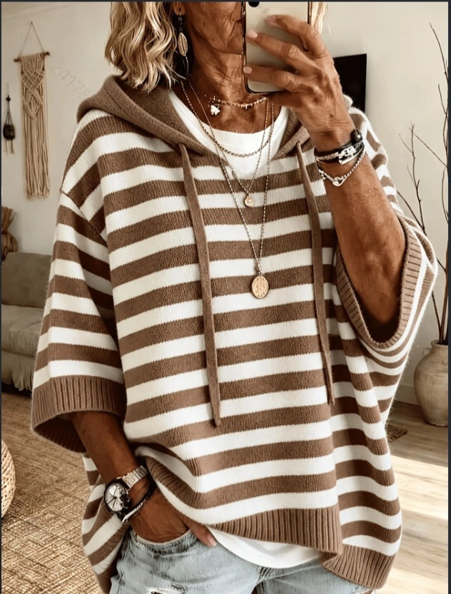 Women's Striped Hooded Knit Pullover - Loose Plus Size 3-4 Sleeve Drawstring Casual Outer Top photo 2