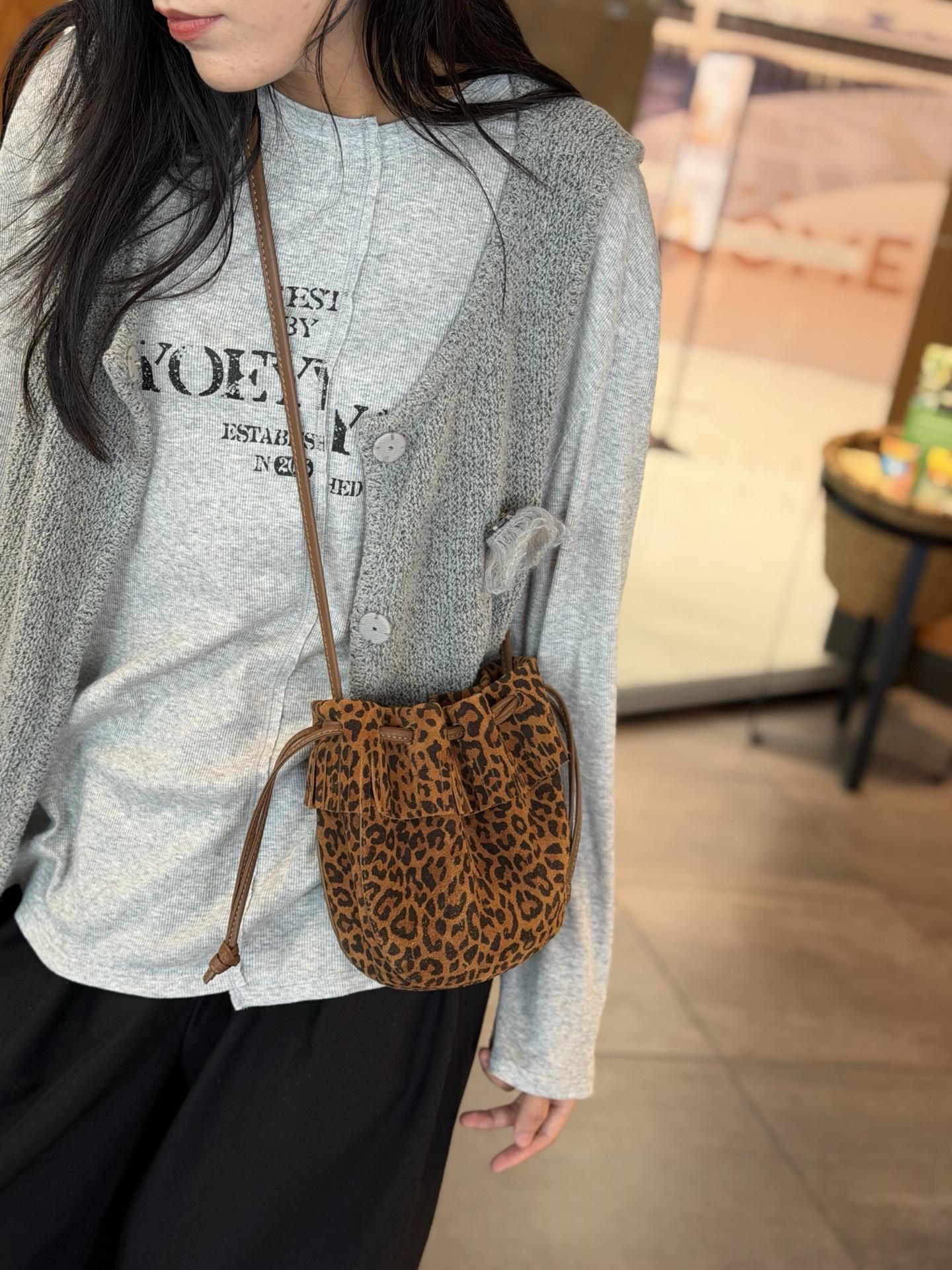Tassel Bucket Bag, Genuine Leather Single Shoulder Diagonal Cross Bag, 2026 New Drawstring Underarm Bag, High-end Women's Commuting Small Bag - Leopard Print Brown photo 7