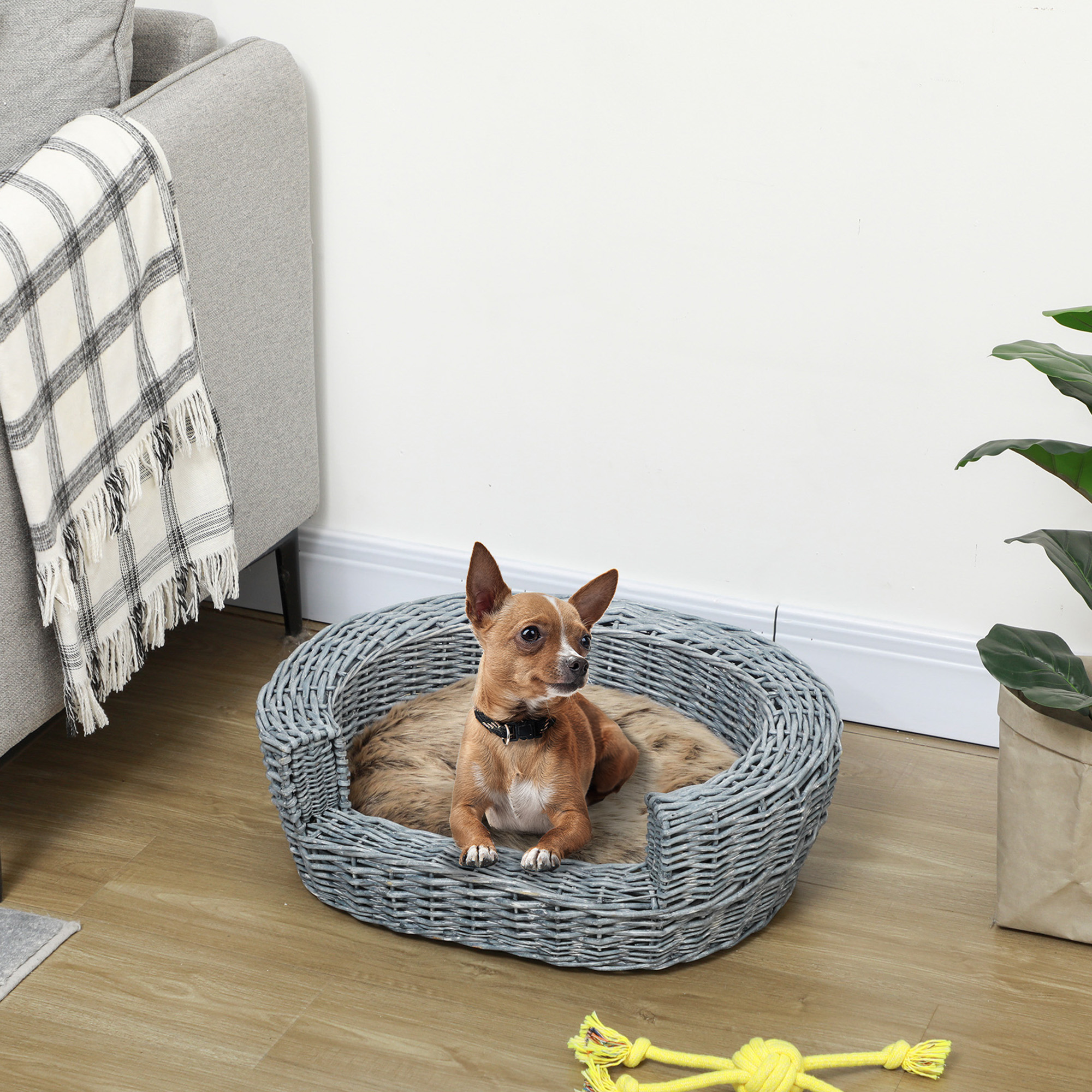 PawHut Wicker Pet Bed Willow Dog Cat Sofa Couch Puppy Basket With Cushion Grey 57L X 46W X 17.5H Cm photo 5