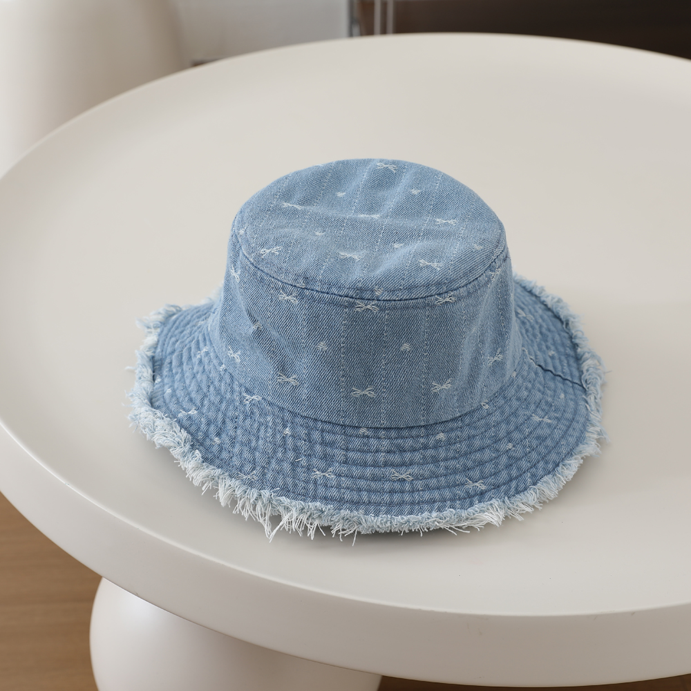 Full-printed Bow-shaped Heart Children's Denim Fisherman Hat, Washed And Distressed Fringed Bucket Hat For Outdoor Travel photo 6